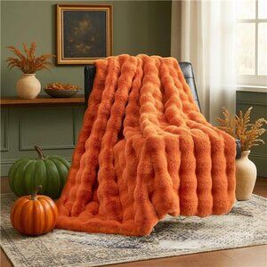 Faux Fur Throw Blanket Orange Cozy Soft Plush Bubble Blanket Couch Bedroom Decor